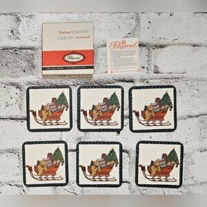 Vintage Mid Century Pimpernel Christmas Coasters Set Santa Sled with Toys. CIB